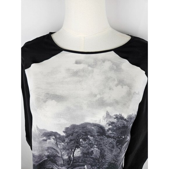 BCBGMaxAzria Silk Addy Blouse Sz. Small Landscape Print Artsy Art To Wear B&W - Picture 2 of 12